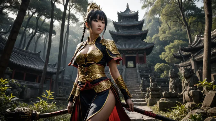 An ancient Chinese temple ruin in a forest, inspired by the game Black Myth Wu Kong, (low angle view), at dark night. (1girl, solo, alone), female Sun Wu Kong cosplayer, medium-breast slim:0.6 body, oval:0.4 face, cleavage:1.1, WU KONGs costume and outfits...