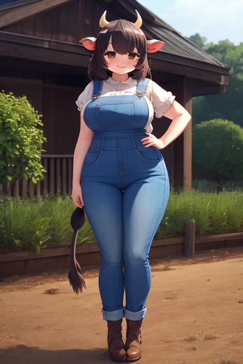 Plump, big breasts, black hair, brown eyes, chubby, smile, (cow girl Kemonomimi: 1.5), blue jeans overalls, longer hair, anime, plump round belly, standing outside, standing in front of a farm house,