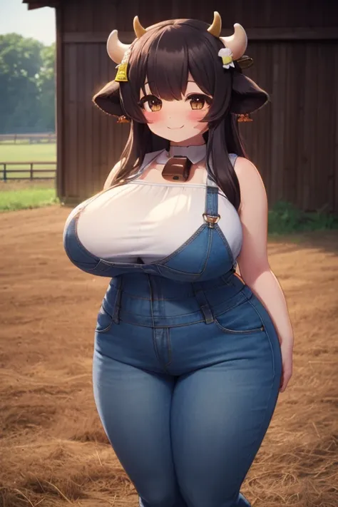 plump, big breasts, black hair, brown eyes, chubby, smile, (cow girl kemonomimi: 1.5), blue jeans overalls, longer hair, anime, ...