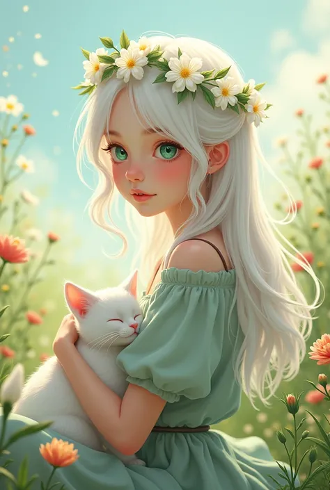 White hair, green eyes, white flower wreath, flower cute, smiling, white skin, teenager, looking back, cat on lap, cat sleeping, flower field, flower, wind blowing, light pouring down