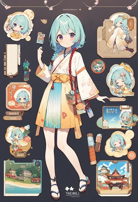 1 cute girl, Double hemp braid, Show off summer clothes, namely the, Tang costume elements, School uniforms, front view, full body, generate three views, namely thefront view, the side view and the back view, card stickers, Japanese stickers, handbook, fla...