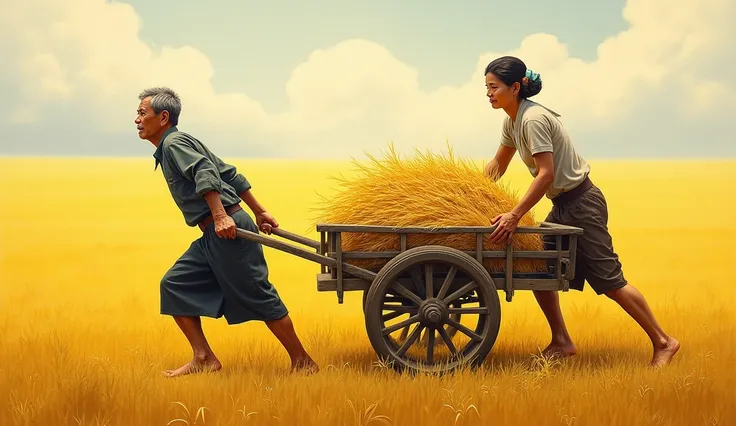 cartoon, a vietnamese man pulling a cart full of rice, a vietnamese woman pushing behind the cart, they go barefoot, woman wearing a scarf in the northern Vietnamese style, on a yellow field background, canvas texture emphasis, paintings, realist detail, f...