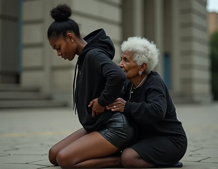 black woman hair in a bun black hoodie   black leather short shorts   a old grandma in a dress on her knees kissing her ass behind her squeezing her butt