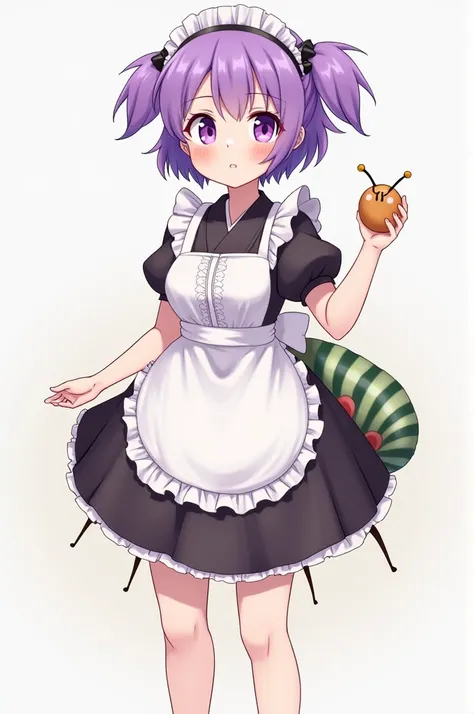 Make a download with cute face short purple hair in Japanese maid outfit with insect abdomen Marias Pigtails full body and very big breasts without bra 