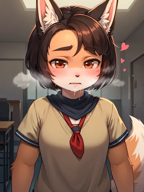 horror , The spirit of a Tiny female fox disguises herself as a junior high school student and attends a school attended by humans , Suck out the energy of Reluctant male students , moist thin eyes , glossy lips , Swollen cheeks , heart is beating fast , s...