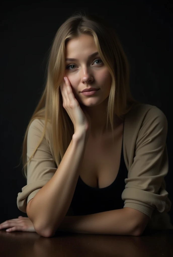 A woman seated in a relaxed, intimate pose, leaning slightly forward with her right hand gently touching her cheek. She has long, straight blonde hair and is wearing a beige blouse over a black top. The background is dark and moody, emphasizing her soft, c...