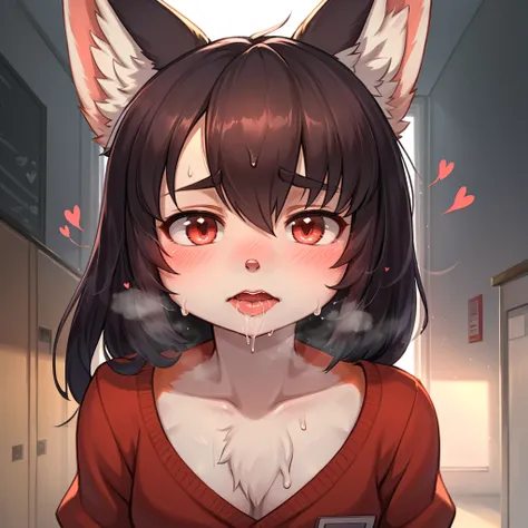 horror , The spirit of a Tiny female fox disguises herself as a junior high school student and attends a school attended by humans , Suck out the energy of Reluctant male students , moist thin eyes , glossy lips , Swollen cheeks , heart is beating fast , s...