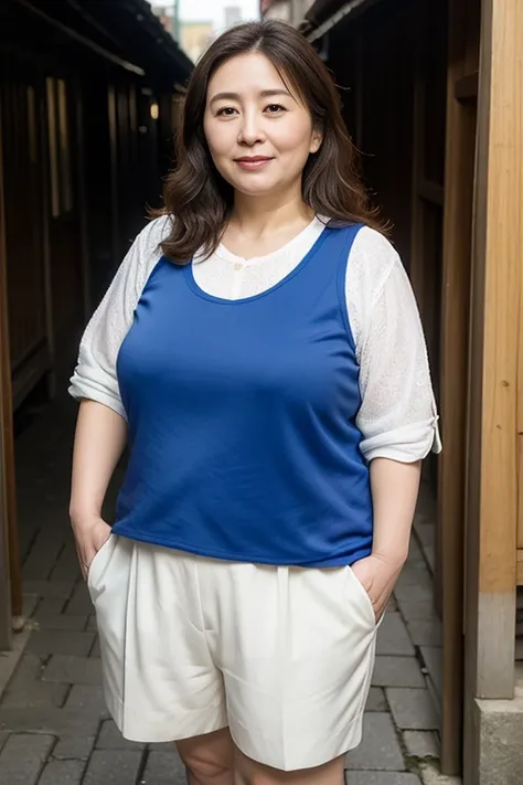 Aunt in Osaka、Organic Photography、best quality、masterpiece、Ultra-high resolution、Medium Portrait，Beautiful old lady、4、Elegant face，Happy and charming，Smile，walk，Wear a sports vest，Skinny nylon shorts，Show off your plump thighs，Severe sagging breast contour...