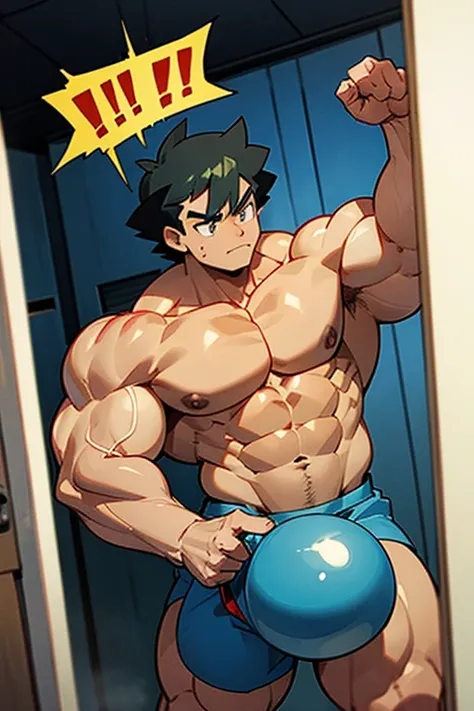 Ash Ketchum from Pokémon anime as a big dumb muscular bodybuilder jock in a locker room flexing and staring blankly under hypnosis with his mouth hanging open as he repeats, "Bigger... Dumber.... Must obey.... More like a jock bro every day.... Yes, Coach....