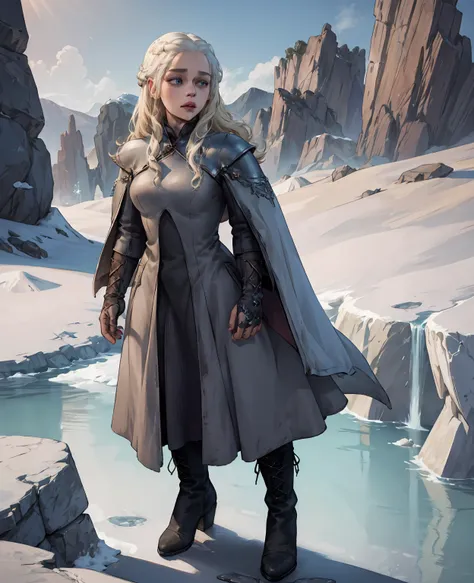 **Emilia Clarke as the Ice Wanderer:** In worn, tattered layers of wool and leather, frayed fur coat, weathered boots, and fingerless gloves, she braves the frozen wasteland with fierce determination.