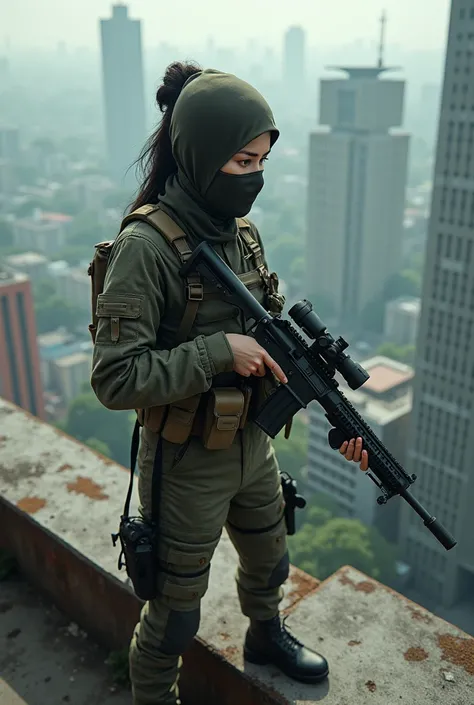 Vietnamese female sniper wearing a cloth mask standing on the roof of a high-rise building 