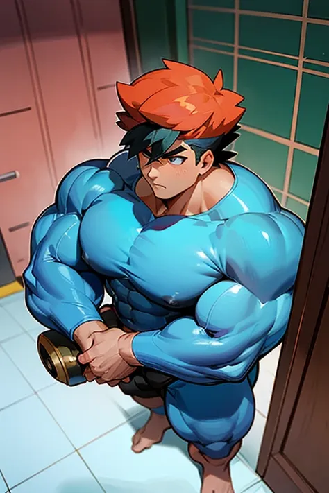 ash ketchum from pokémon anime as a big dumb muscular bodybuilder jock in a locker room flexing and staring blankly under hypnos...