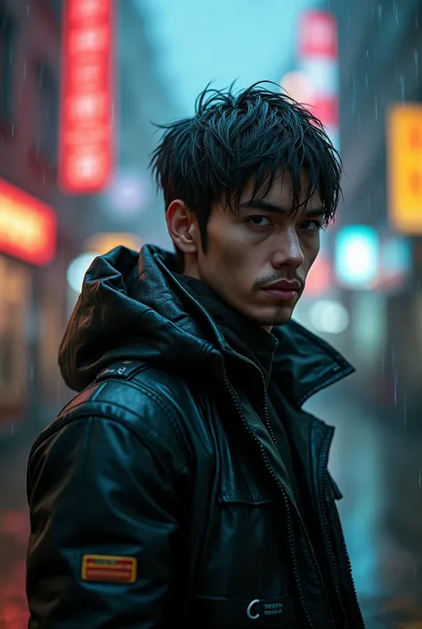 a man in a cyberpunk street, extremely detailed face and eyes, intricate cyberpunk outfit, urban cyberpunk environment, neon lights, rain, cinematic lighting, dramatic shadows, moody color tones, sci-fi, high quality, 8k, photorealistic