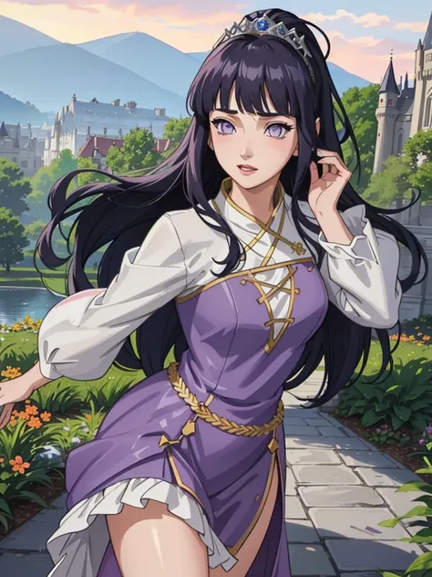 a beautiful princess, hinata hyuga, with a beautiful pose, looking at the viewer, thick thighs, (long purple dress:1.2), (medium...