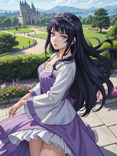 A beautiful princess, Hinata Hyuga, with a beautiful pose, looking at the viewer, thick thighs, (long purple dress:1.2), (Medium hair, tiara) 

(realistic: 1.2), (Realism), (artwork: 1.2), (best quality), (ultra detailed), (8K, 4K, Intricate), (full body s...