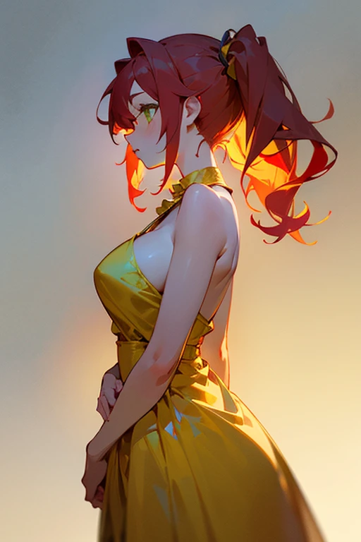 ((Best Quality)), ((masterpiece)), (detailed), 1 girl, with yellow evening dress, green eyes, red pigtails hair, 21 years, big breasts, wide hip,((Whole body)),((left profile view))