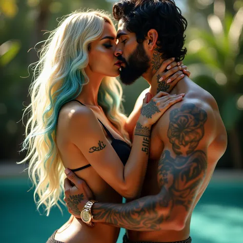 High resolution, multiple views, vivid, hd, zoomed out, a gorgeous, Caucasian woman, long blonde hair with blue hair ends, beautiful makeup and contour, tattoos, “Eli” tattoo on collarbone, big breasts, seductively kissing, wearing bikini, kissing a handso...