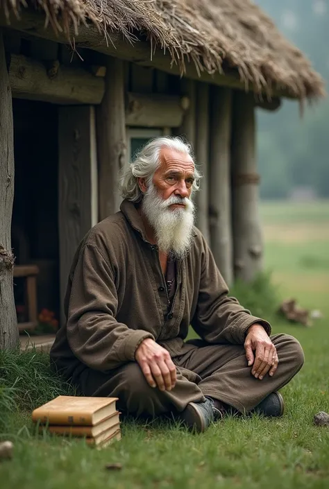 Man sitting on the short grass next to his wooden house he is a hermit he likes to live alone he has books by his side