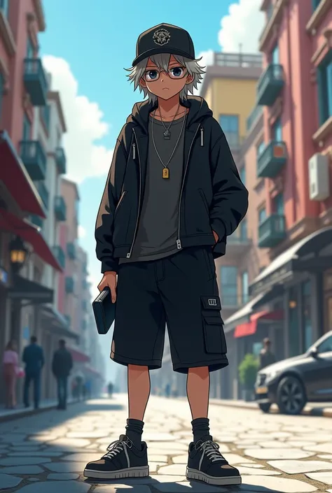 A boy , transformed into an anime style, with black country clothes , with a black wool cap with a lion logo , with black Bermuda shorts , Black sports sneakers , weighing about 90 kilos and size 1.80 meters tall and unique facial features light skin , Lon...