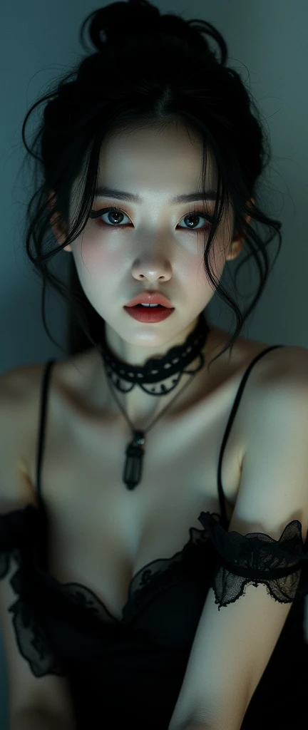 (masterpiece: 1.3), (8K, Photorealistic, Raw Photo, Best Quality: 1.4), ((kohl:0.5)),((kajal:0.5)), Korean, rim light, studio spot light, real latex skin, A breath takingly ethereal RAW photo of a stunning Korean very beauty woman in a gothic theme,