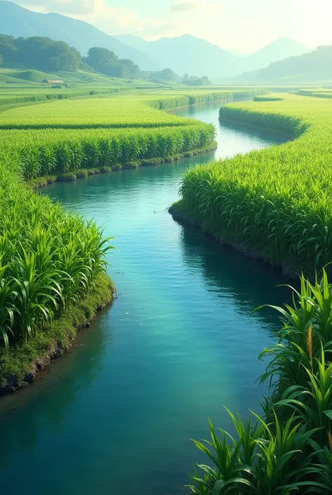 Create a river that divides into two. On its banks there are corn crops