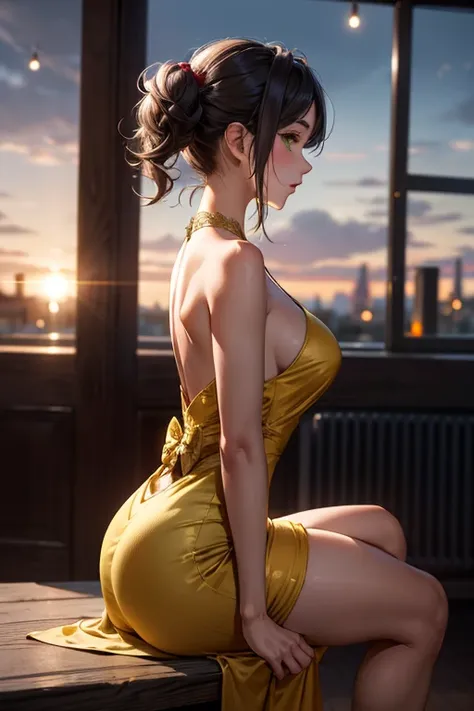 ((Best Quality)), ((masterpiece)), (detailed), 1 girl, with yellow evening dress, green eyes, red pigtails hair, 21 years, big breasts, wide hip,sitting, crossed legs, neckline,((Whole body)),((left profile view))