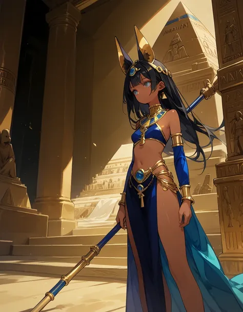 score_10,score_9_up,score_8_up,score_7_up, hadrian, small breasts,expressionless, looking ahead, with Pyramid of Khufu view, in Egypt, female anubis, egyptian clothes, egyptian mythology, truncheon,staff, long black hair, dark skin