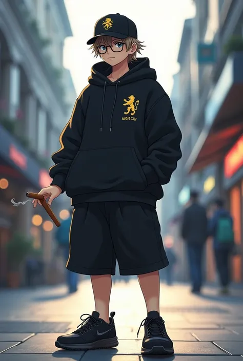 A boy , transformed into an anime style, with black country clothes , with a black wool cap with a lion logo , with black Bermuda shorts , Black sports sneakers , weighing about 90 kilos, thick build , tall in stature and unique facial features light skin ...