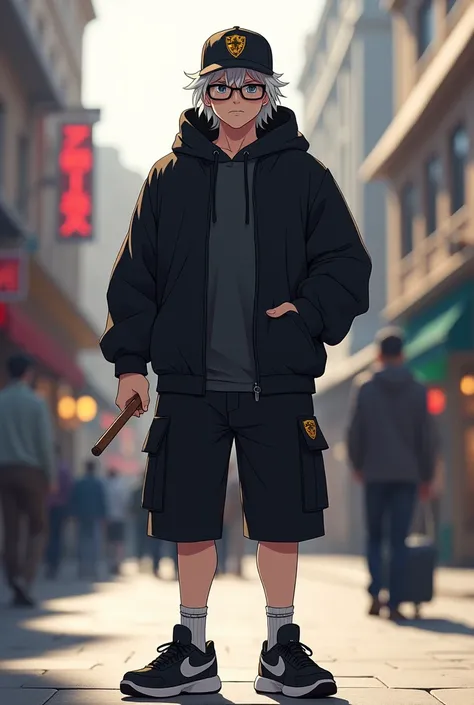 A boy , transformed into an anime style, with black country clothes , with a black wool cap with a lion logo , with black Bermuda shorts , Black sports sneakers , weighing about 90 kilos, thick build , tall in stature and unique facial features light skin ...