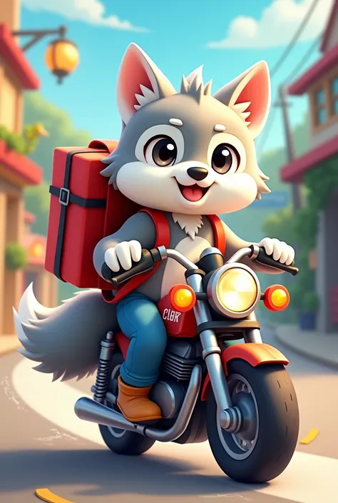 believe me modelsheet of a wolf with delivery backpack riding a motorcycle cawaii cartoon style