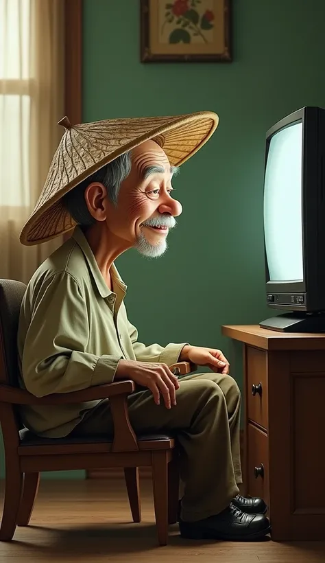  Mr. Tu, tall thin man with silver hair , Happy face, wear old shirt và quần nâu, Wear a leaf hat và đi dép. Mr. Tu nằm ngược đầu trên ghế, Wear a leaf hat, wear old shirt, watching TV with the screen upside down and an attentive look on his face."