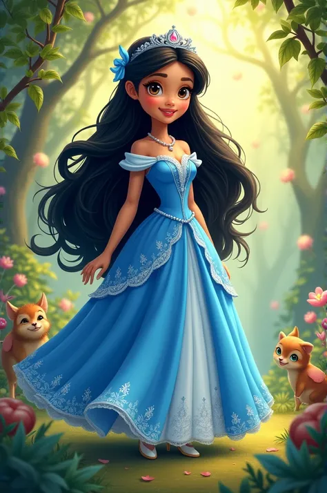 Princess with blue dress and black hair cartoon style