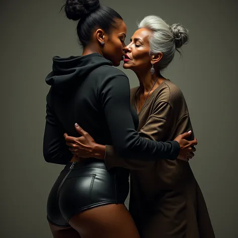 black woman hair in a bun black hoodie   black leather short shorts   a old grandma in a dress  kissing her ass behind her squeezing her butt