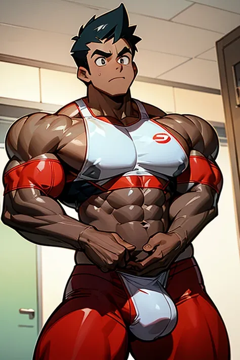 Ash Ketchum from Pokémon anime as a big dumb muscular bodybuilder jock in a locker room flexing and staring blankly as his eyes glow red under hypnosis with his mouth hanging open as he repeats, "Bigger... Dumber.... Must obey.... More like a jock bro ever...