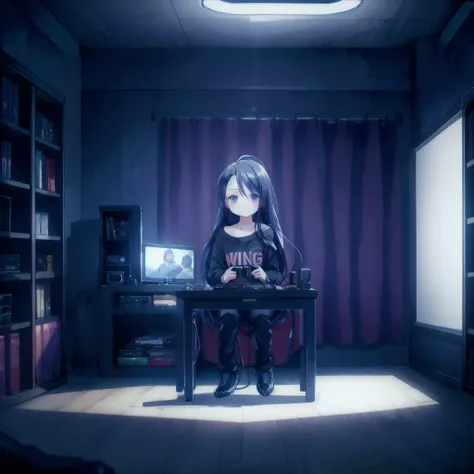 dark room，computers，game console，tv，little lori，playing video games