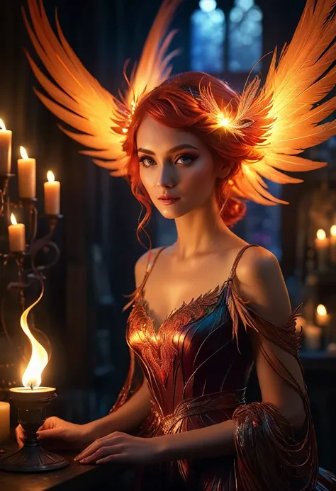 A beautiful fairy phoenix, a cute woman with flame feather sexy outfit, flaming hair, flaming moth wings, flitting away from a candle in a dim wizards laboratory, high fantasy, masterpiece, 8k, photorealistic, cinematic lighting, dramatic colors, intricate...