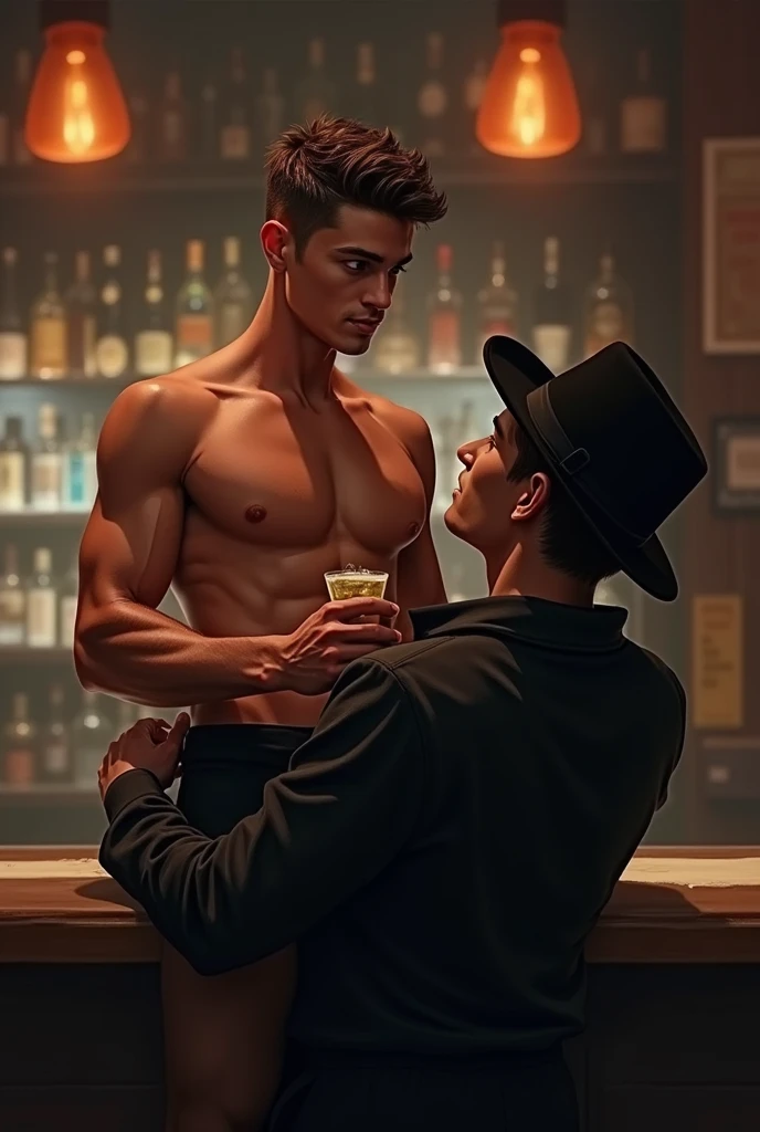 Young handsome white cute attractive man in a bar shirtless with a drink in his hand being lifted up on his arm by a friend wearing a black hat and black clothes 