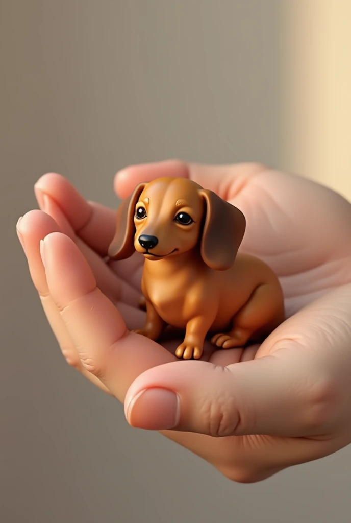 Smooth, a miniature dachshund, sitting on the palm of your hand。