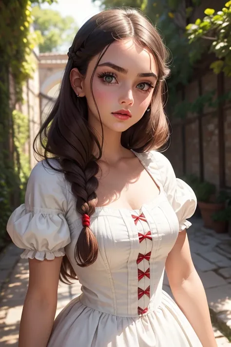 Round face, cabelos castanhos ondulados, greeneyes, Red lips, white victorian style dress, Teenage girl, long eyelashes thin nose italian tanned skin