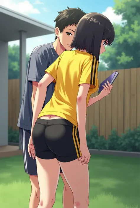 It generates an image of a girl with short hair that reaches her shoulders and a yellow shirt with black stripes on the short sleeves of the uniform with black physical education shorts and she bends down and looks at herself from behind very sexy seen fro...