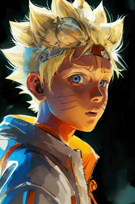 Boruto,boy,solo,age 12,blonde hair,spicky short hair,simple white background,lighting,boruto uzumaki