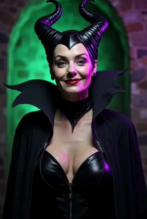 A stunning portrait of Maleficent as a mature woman in her late 50s, emphasis on her horns, purple highlights, purple reflected light, in the nude, young and beautiful, hyper realistic, real portrait, backlit, exquisite features, cleavage, sexy, seductive,...