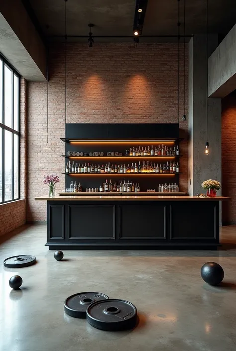 Bar with gym discs on the floor without a human