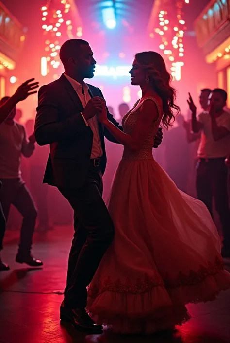 Kanye West and Taylor Swift dancing cumbias in a nightclub, The people around them celebrate their courtship, They both dress in a Mexican norteño mode