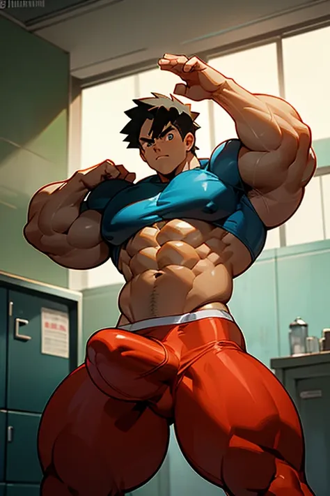 Ash Ketchum from Pokémon anime as a big dumb muscular bodybuilder jock in a locker room flexing and staring blankly as his eyes glow red under hypnosis with his mouth hanging open as he repeats, "Bigger... Dumber.... Must obey.... More like a jock bro ever...