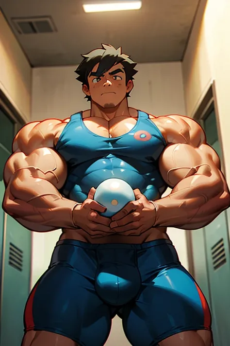 Ash Ketchum from Pokémon anime as a big dumb muscular bodybuilder jock in a locker room flexing and staring blankly as his eyes glow red under hypnosis with his mouth hanging open as he repeats, "Bigger... Dumber.... Must obey.... More like a jock bro ever...