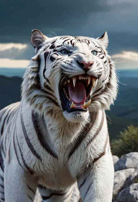 a powerful white tiger, roaring ferociously, detailed fur texture, piercing eyes, open mouth revealing sharp teeth, on a rocky m...