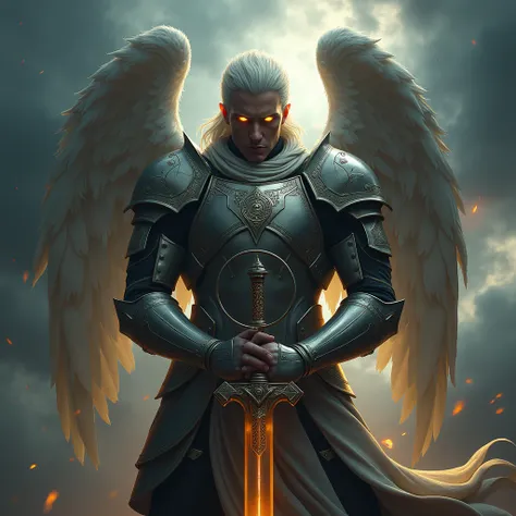 a warrior angel in armor, helmet and glowing eyes holding a sword with both hands