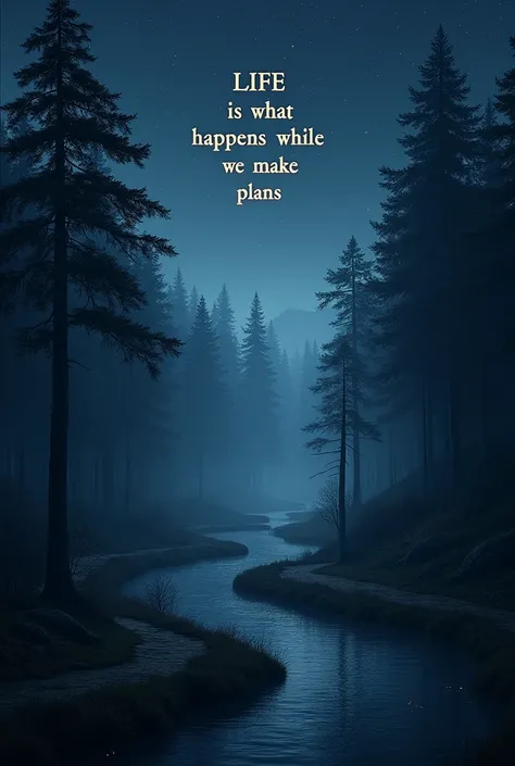 Can you generate me an image of a forest in the middle of the night?, with a path along the riverbank and in the background with very clear letters this phrase appears, life is what happens,  while we make plans