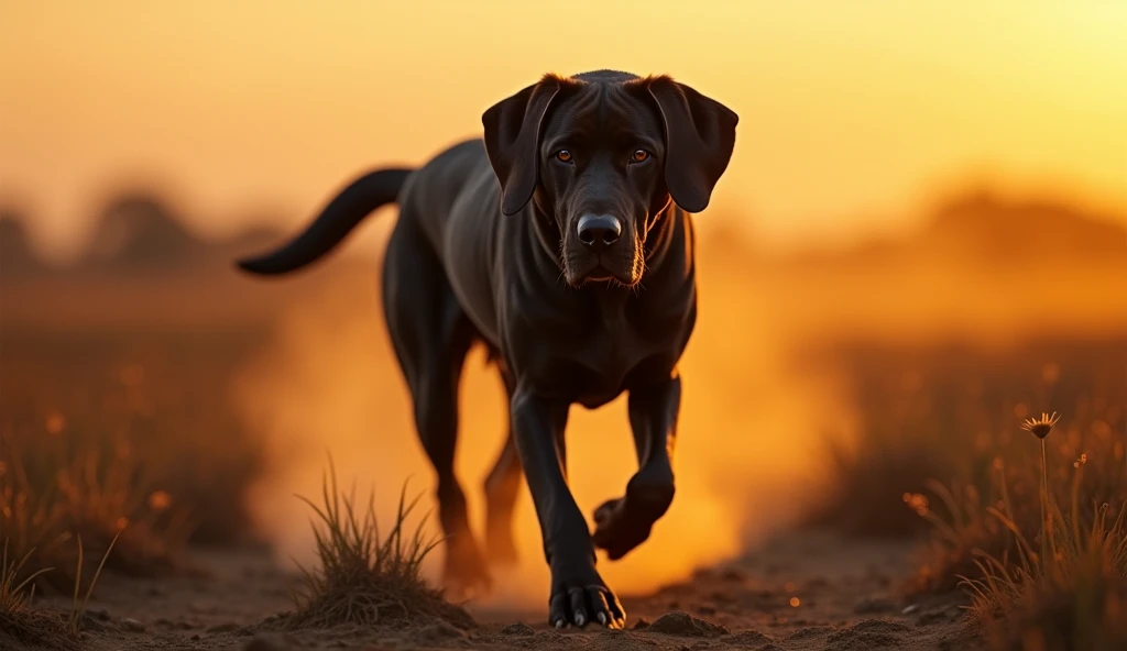 hyper-realistic, photo, Realism, cinematography, 8k,4k,A Fila Brasileiro with large, drooping ears, patrolling a large Brazilian ranch at dusk. His muscles and powerful gait are shown as he walks through the terrain., with the setting sun creating a golden...